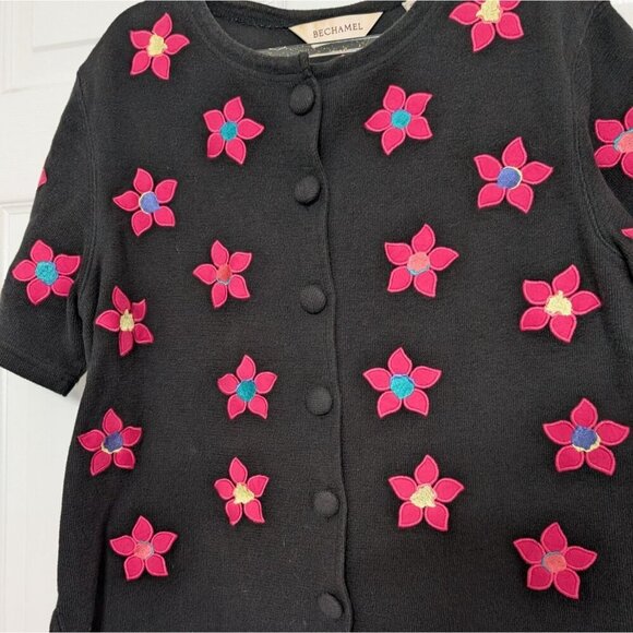 Bechamel Floral Cardigan Womens Size Medium Black Pink Knit Cotton Short Sleeve - Picture 2 of 10